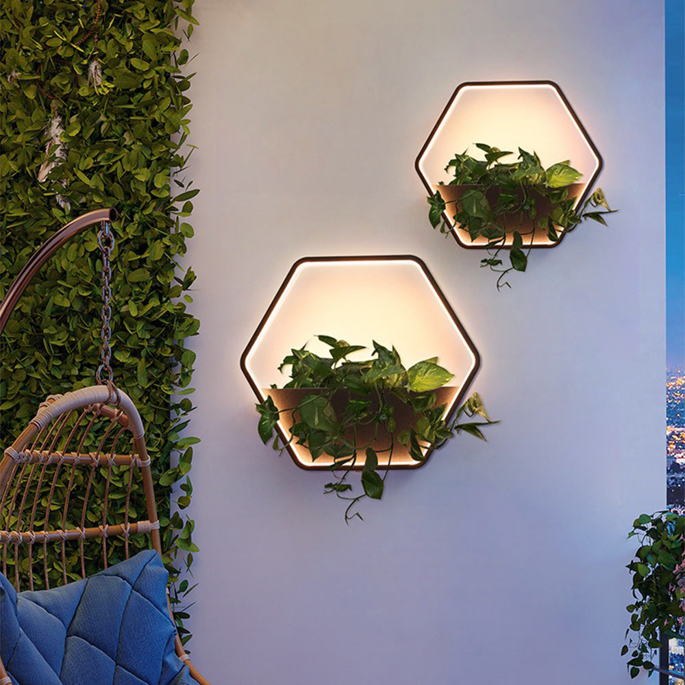 Ray Minimalist Hexagonal Ring With Shelf Metal Outdoor Wall Lamp, Black - Lamp Copper