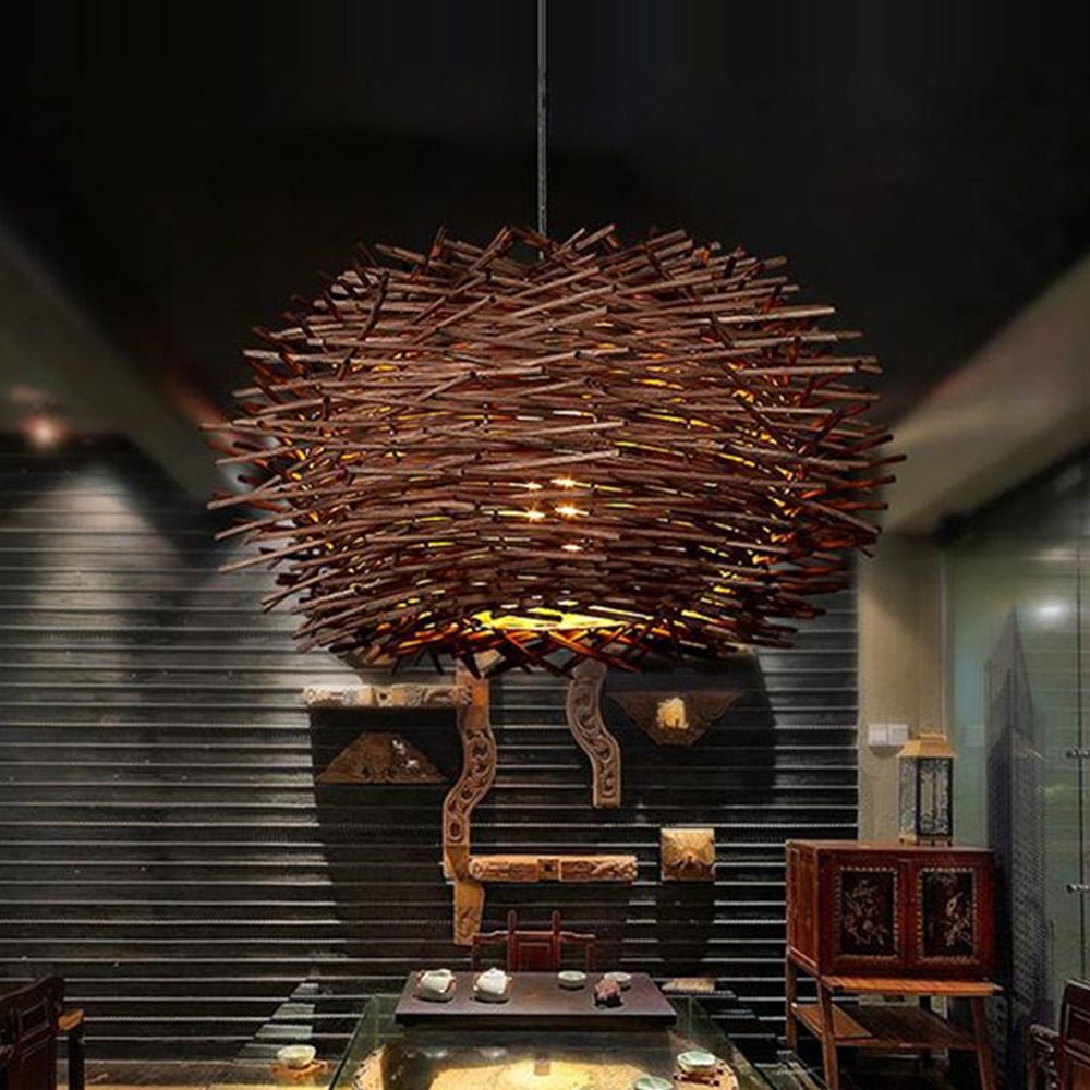 Muto Wooden Bird Nest Rattan Pendant Light, Brown/Wood - Lamp Copper