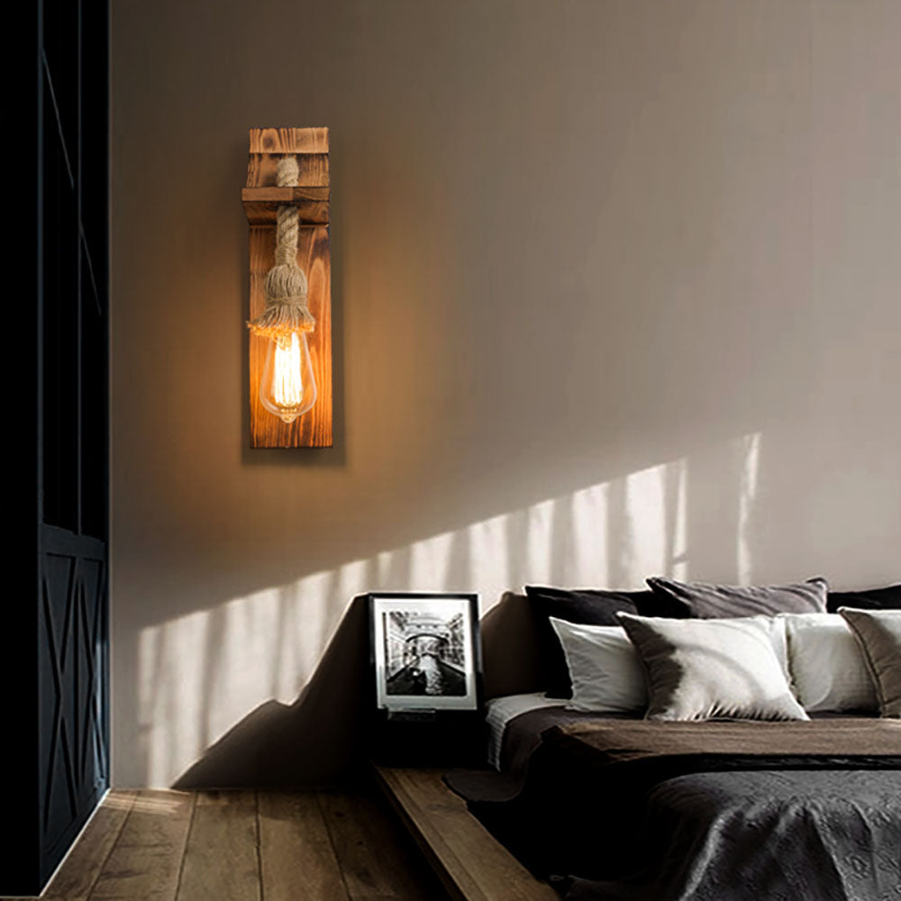 Epoch Vintage Rectangular LED Wall Light, Wood/Hemp Rope, Dining Room - Lamp Copper