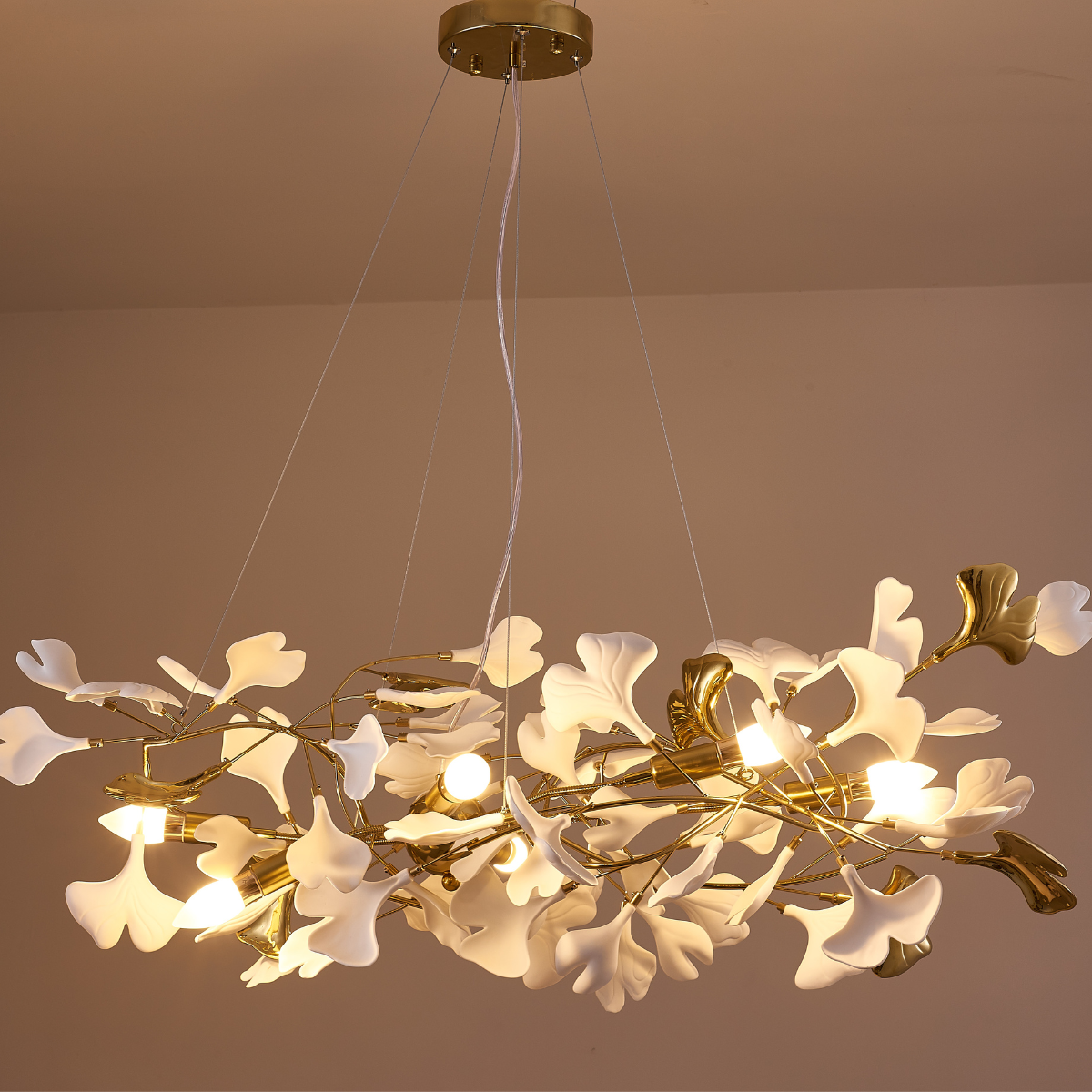 Olivia Luxury Ceramic Chandelier Large Foyer, Gingko leaf, Living Room - Lamp Copper