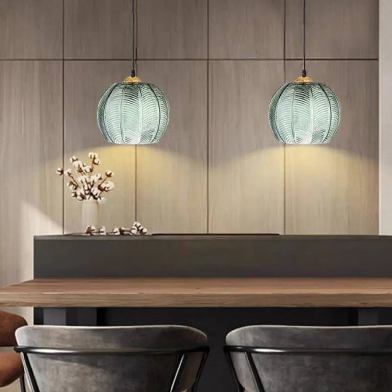 Aira Green Nordic Artistic Ribbed Glass Pendant Light - Lamp Copper