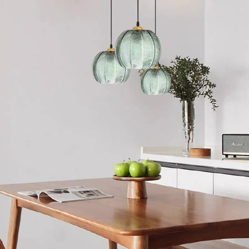 Aira Green Nordic Artistic Ribbed Glass Pendant Light - Lamp Copper