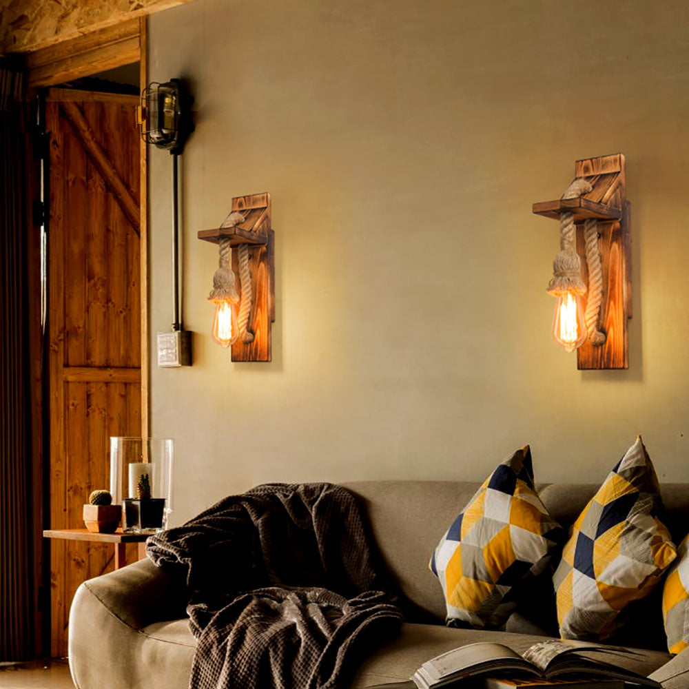 Epoch Vintage Rectangular LED Wall Light, Wood/Hemp Rope, Dining Room - Lamp Copper
