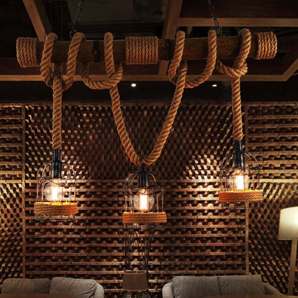 Silva Vintage 3 Heads Wood Rope Pendant Light - Lamp Copper