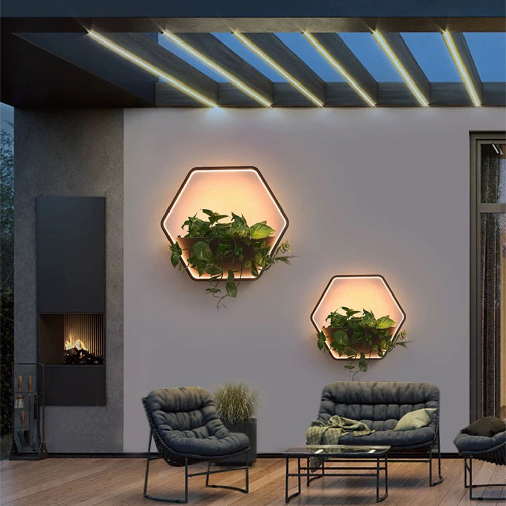 Ray Minimalist Hexagonal Ring With Shelf Metal Outdoor Wall Lamp, Black - Lamp Copper