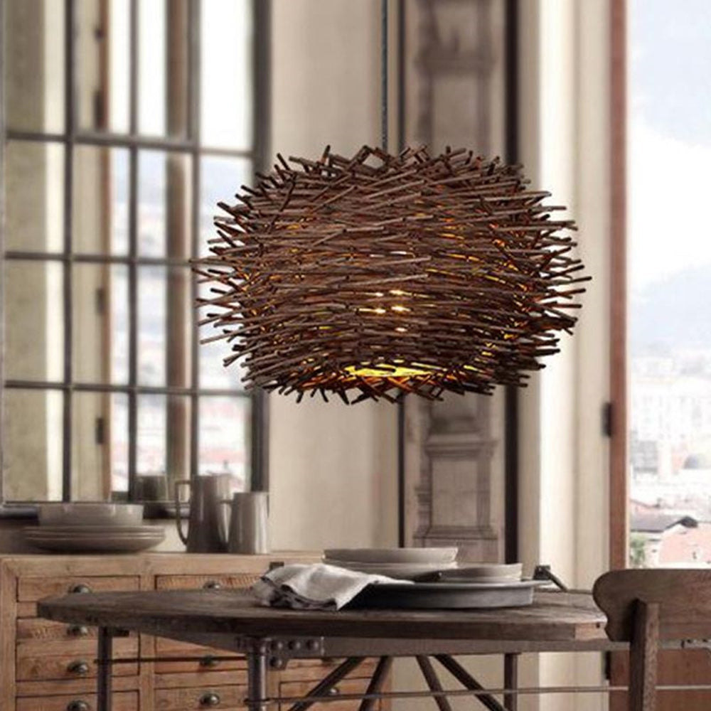 Muto Wooden Bird Nest Rattan Pendant Light, Brown/Wood - Lamp Copper