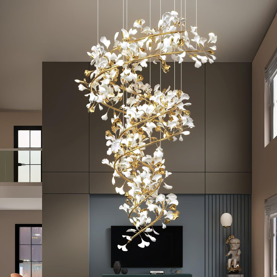 Olivia Modern Gold Staircase Chandelier, Metal & Ceramic - Lamp Copper