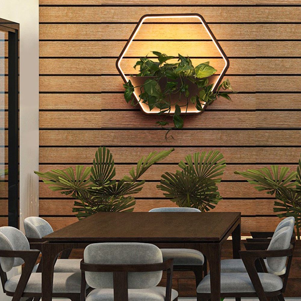 Ray Minimalist Hexagonal Ring With Shelf Metal Outdoor Wall Lamp, Black - Lamp Copper
