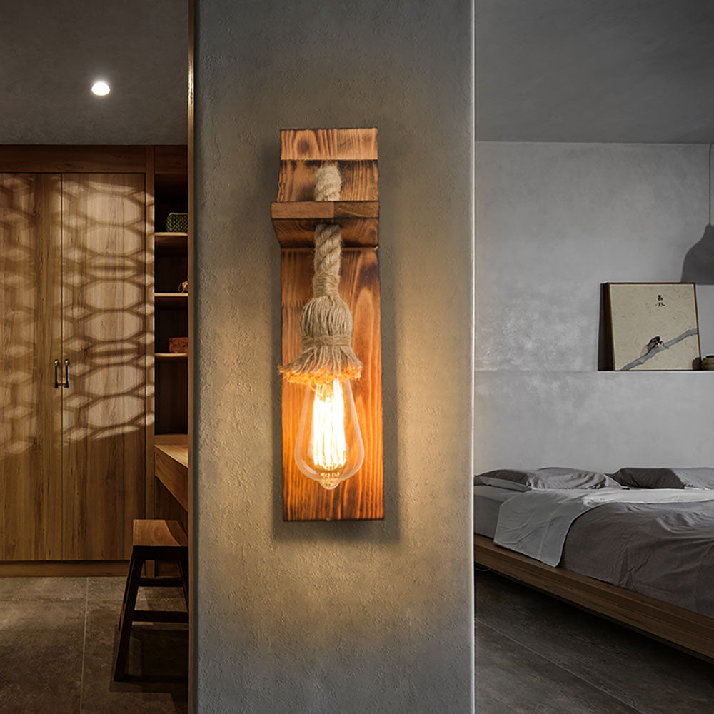 Epoch Vintage Rectangular LED Wall Light, Wood/Hemp Rope, Dining Room - Lamp Copper