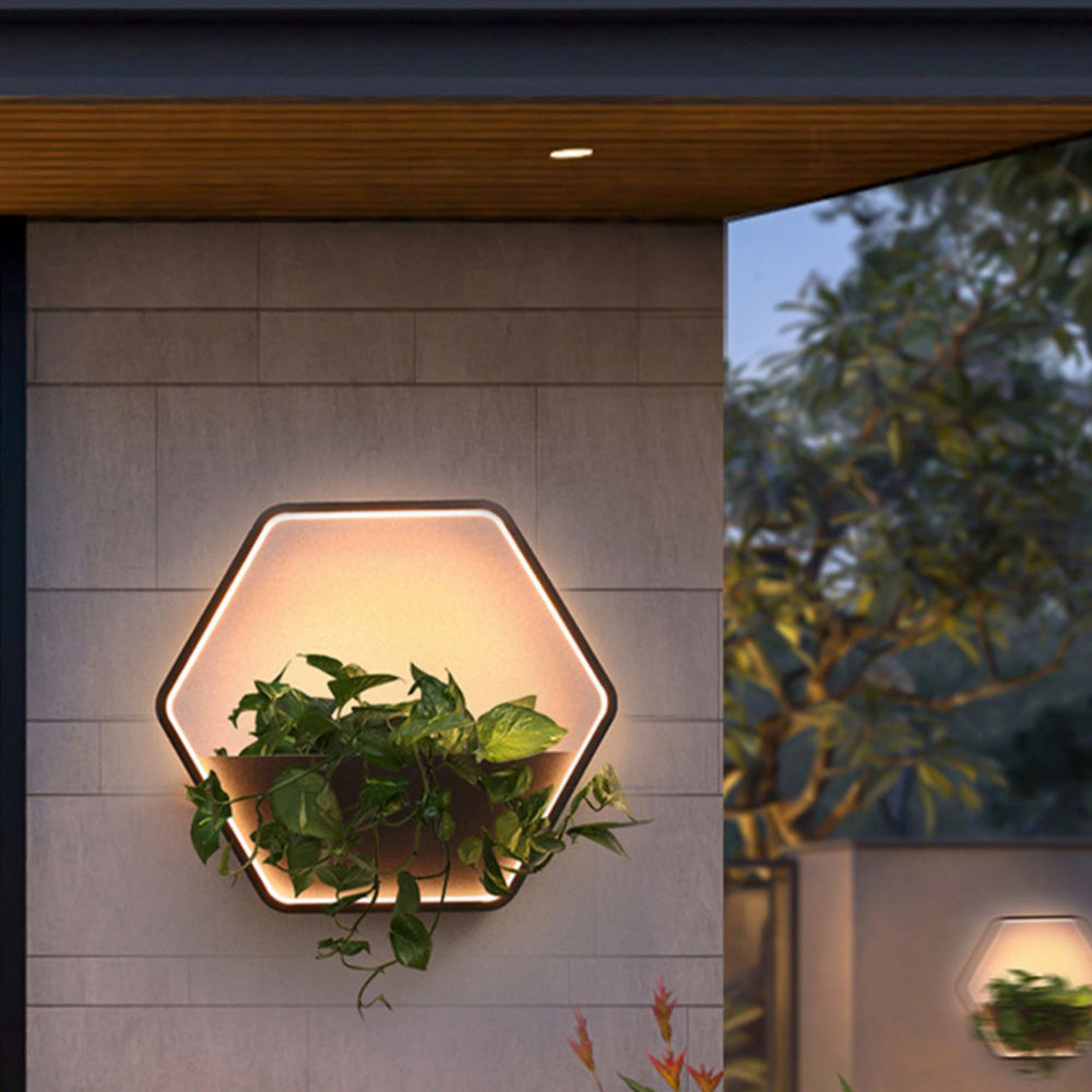 Ray Minimalist Hexagonal Ring With Shelf Metal Outdoor Wall Lamp, Black - Lamp Copper