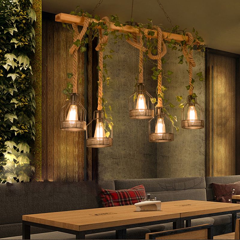Epoch Caged Vintage Farmhouse Wood Beam Pendant Light 3/5 Heads - Lamp Copper