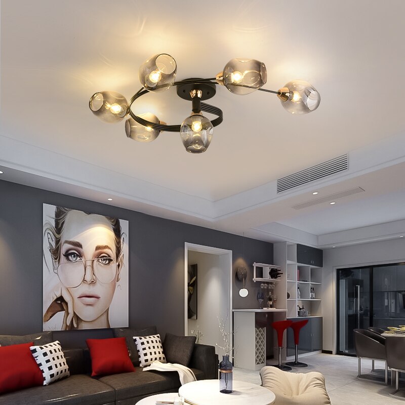Valentina Flush Mount Ceiling Light, Glass, Black/Gold, Dining Room - Lamp Copper