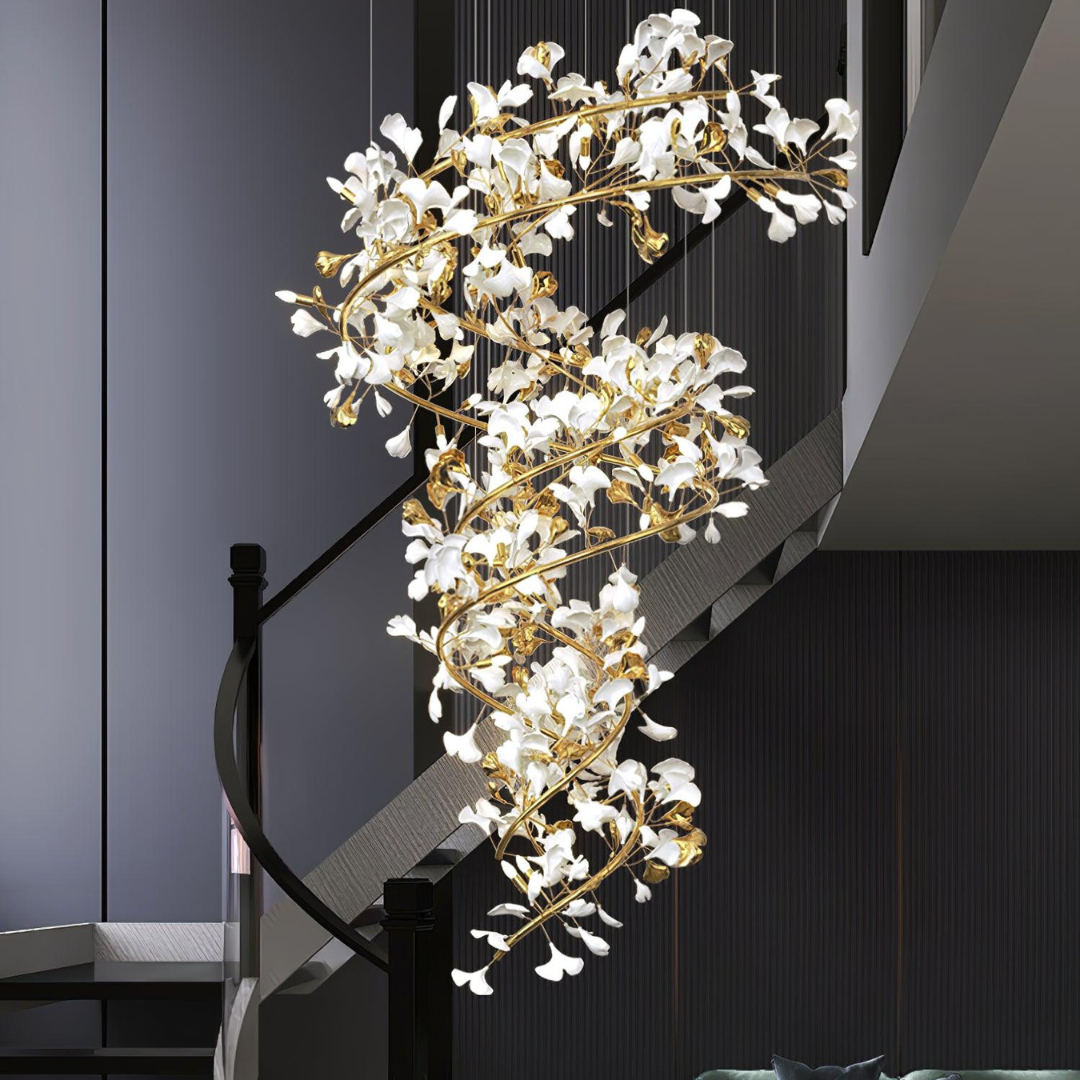 Olivia Modern Gold Staircase Chandelier, Metal & Ceramic - Lamp Copper