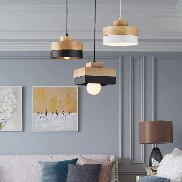 Aria Minimalist Black & White Wood Geometric Pendant Light - Lamp Copper