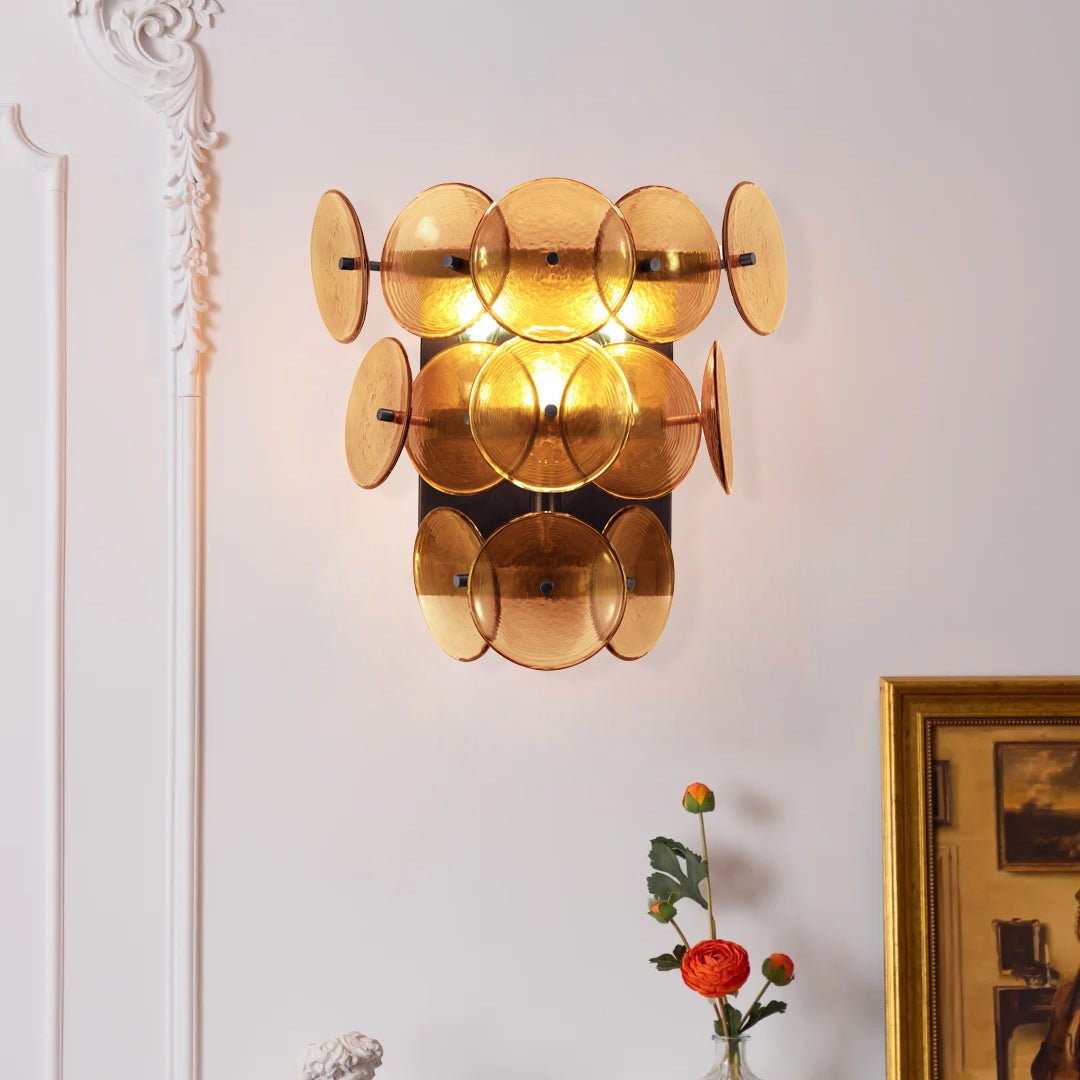 Aurora Wall Sconce Pressed Glass Disc Vintage Amber - Lamp Copper
