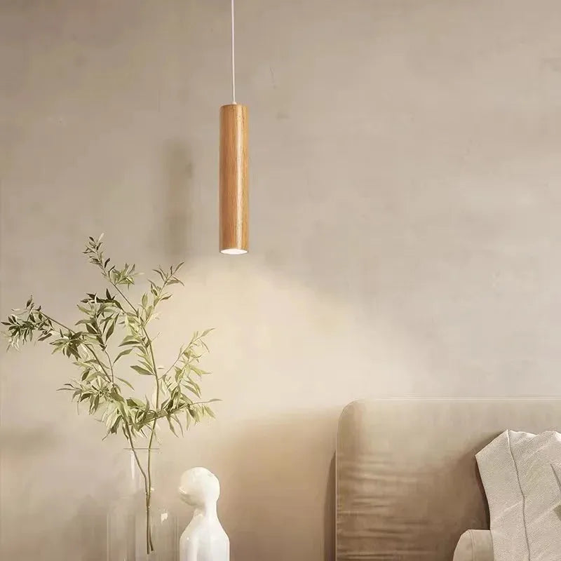 Muto Cylindrical Wood Pendant Light, for Bedroom & Kitchen Island - Lamp Copper