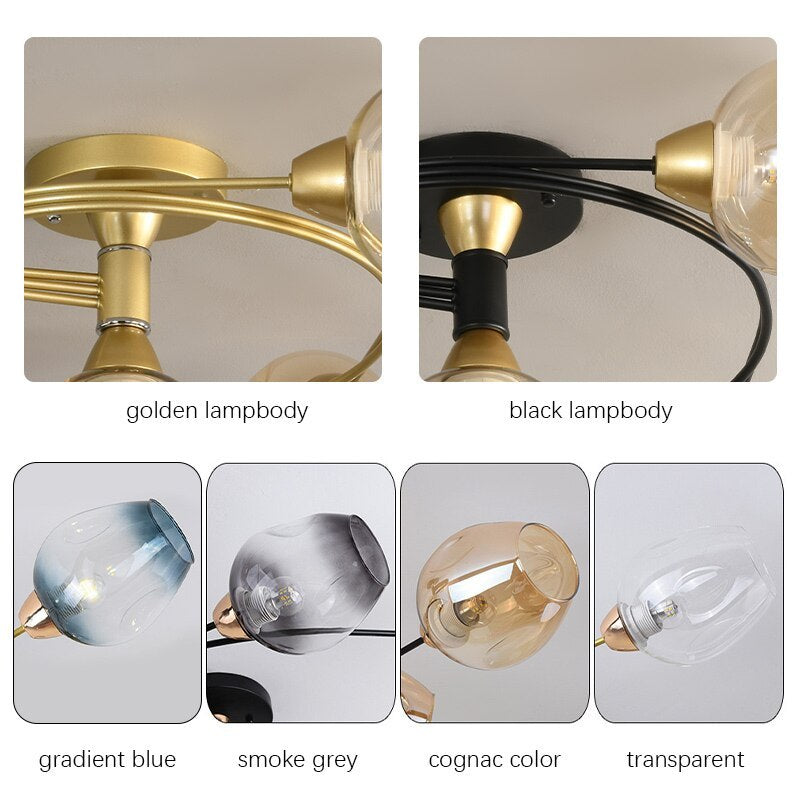 Valentina Flush Mount Ceiling Light, Glass, Black/Gold, Dining Room - Lamp Copper