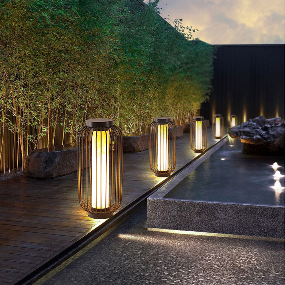 Ray Lantern Solar/Rechargeable Outdoor Floor Lamp, Brown - Lamp Copper