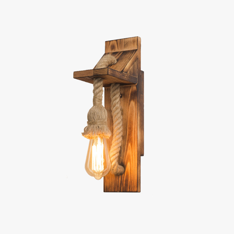 Epoch Vintage Rectangular LED Wall Light, Wood/Hemp Rope, Dining Room - Lamp Copper
