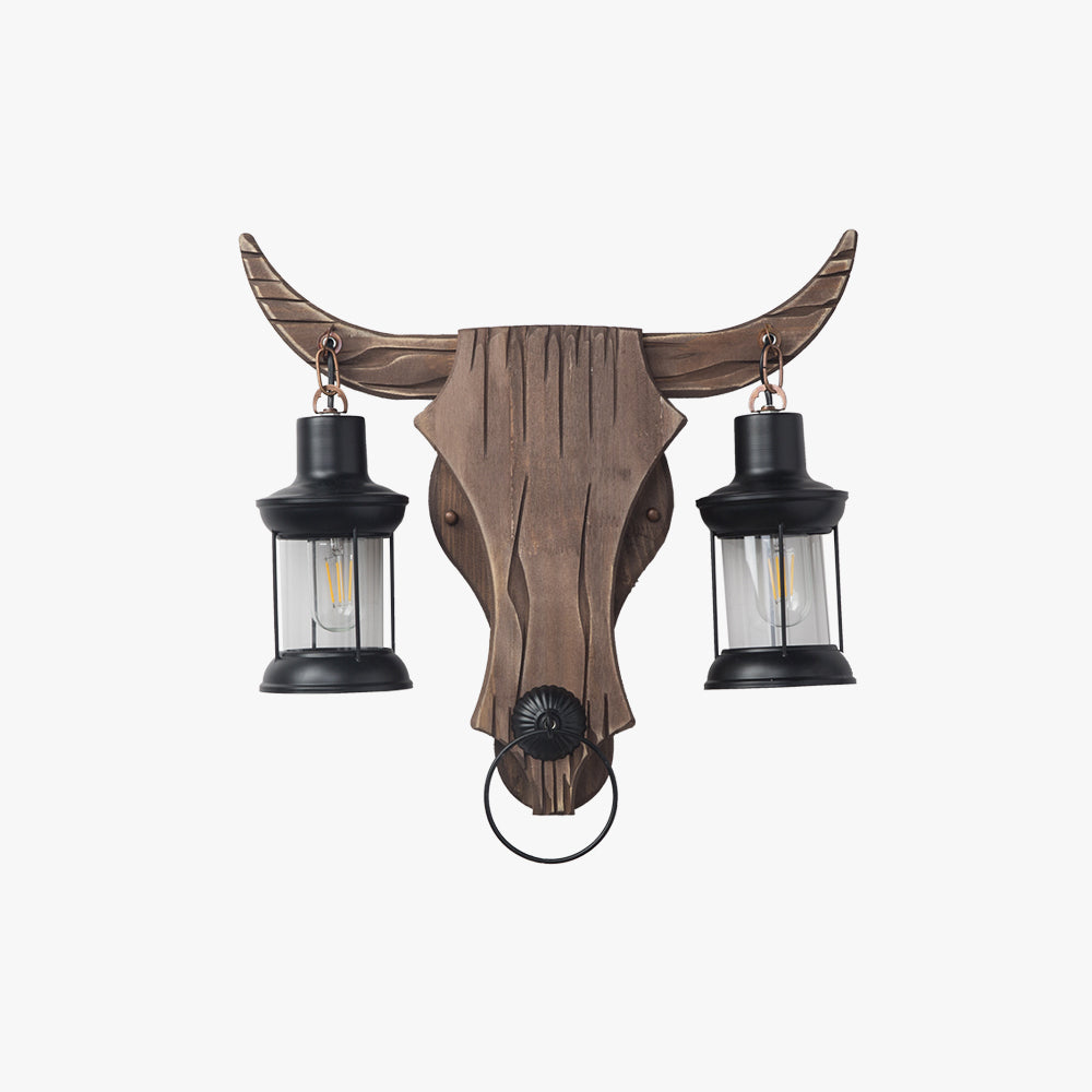 Austin Wall Lamp Bull Shape Vintage, 2 Heads Wood/Metal, Bedroom - Lamp Copper