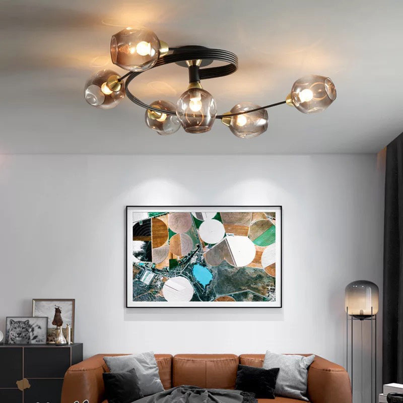 Valentina Flush Mount Ceiling Light, Glass, Black/Gold, Dining Room - Lamp Copper