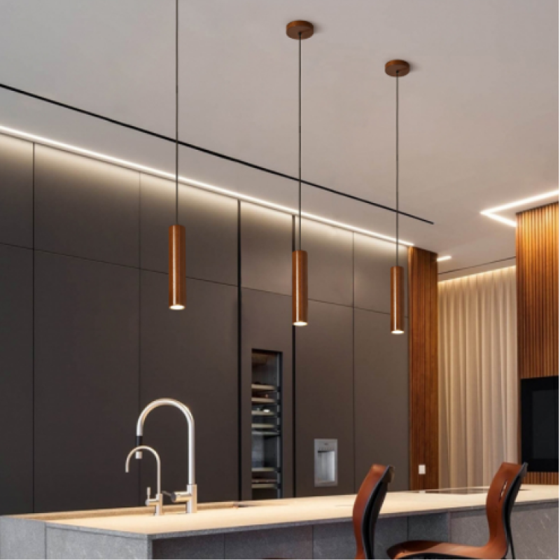Muto Cylindrical Wood Pendant Light, for Bedroom & Kitchen Island - Lamp Copper