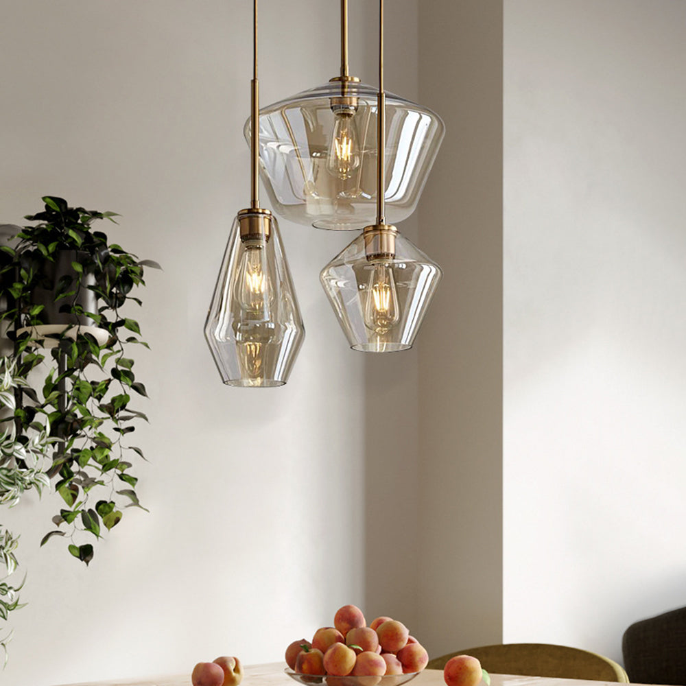 June Pendant Light Glass, Clear/Amber Diamond shape - Lamp Copper