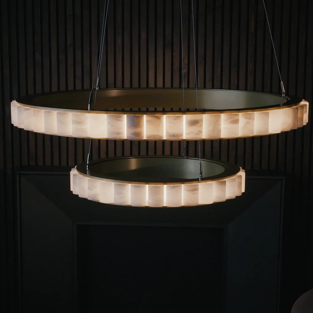 Orion Double Ring Alabaster Chandelier - Lamp Copper