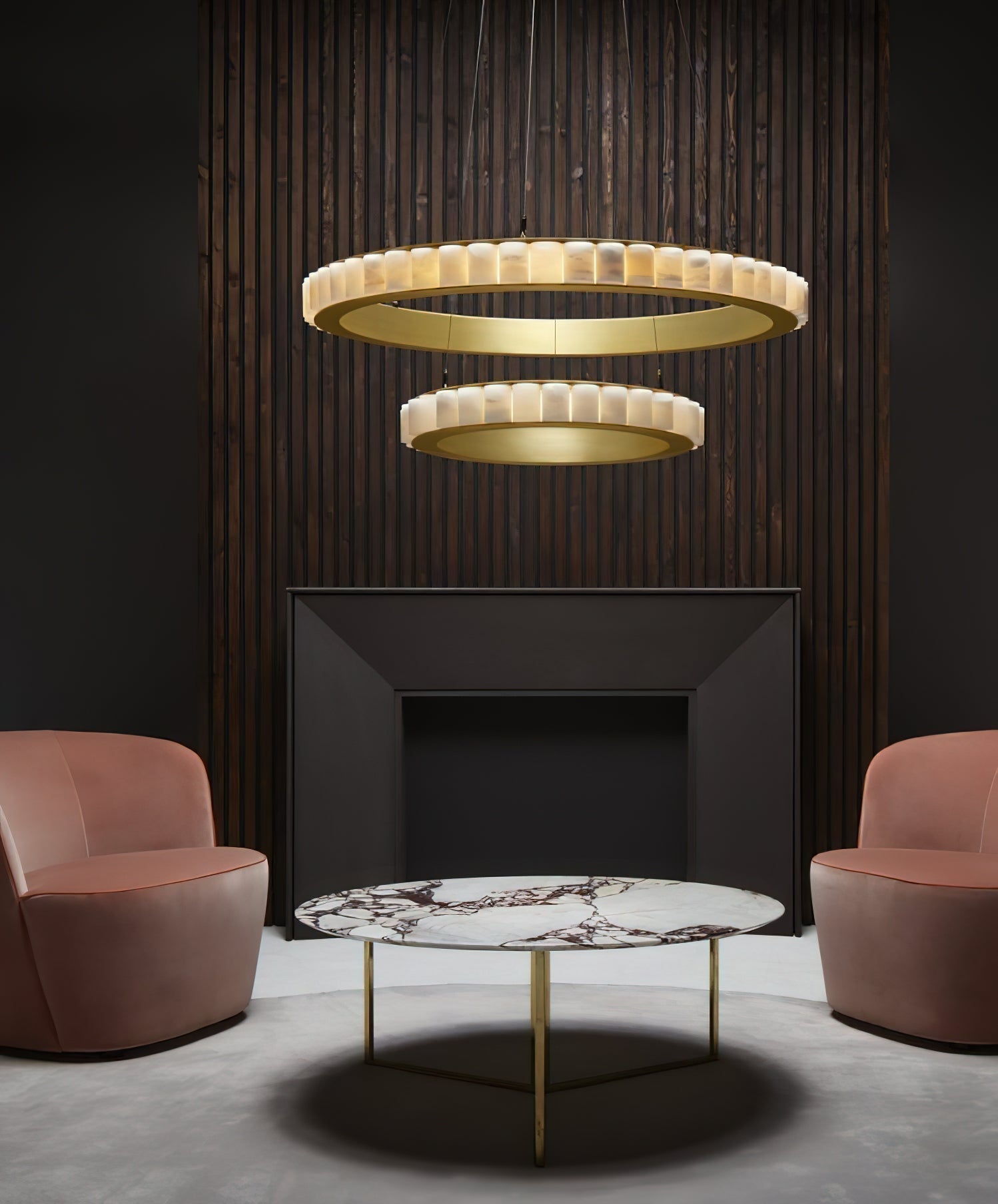 Orion Double Ring Alabaster Chandelier - Lamp Copper