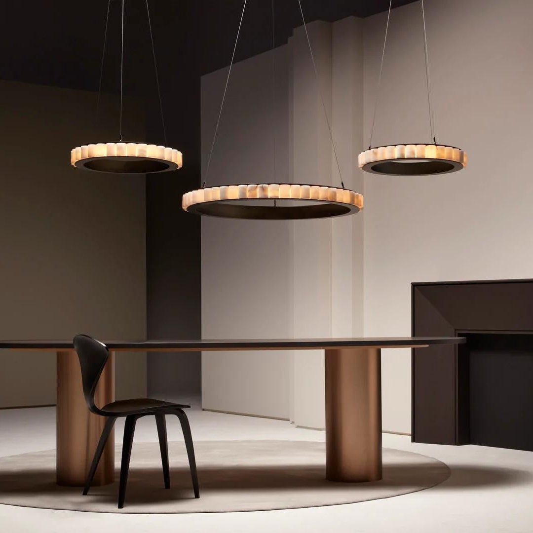 Orion Double Ring Alabaster Chandelier - Lamp Copper