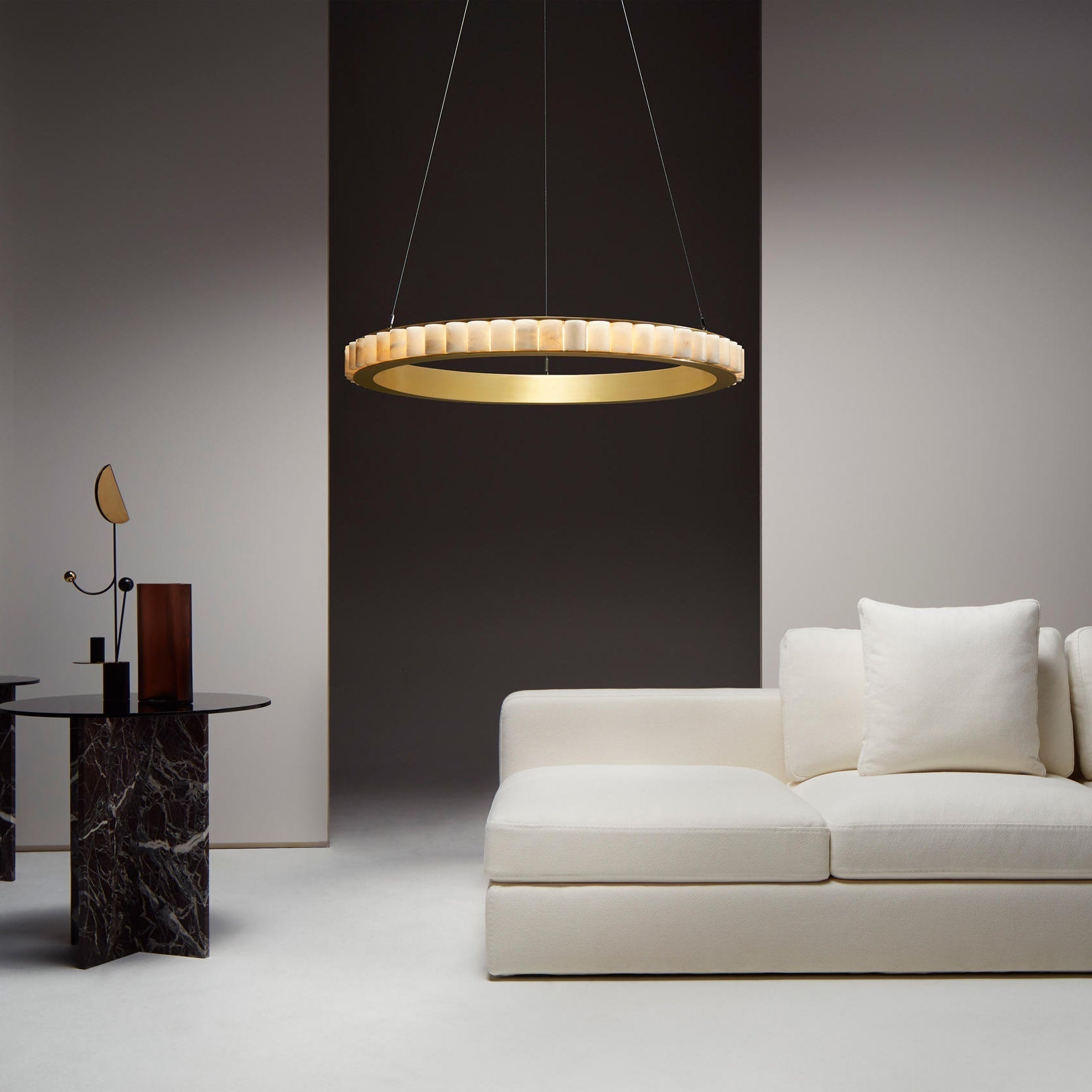 Orion Double Ring Alabaster Chandelier - Lamp Copper