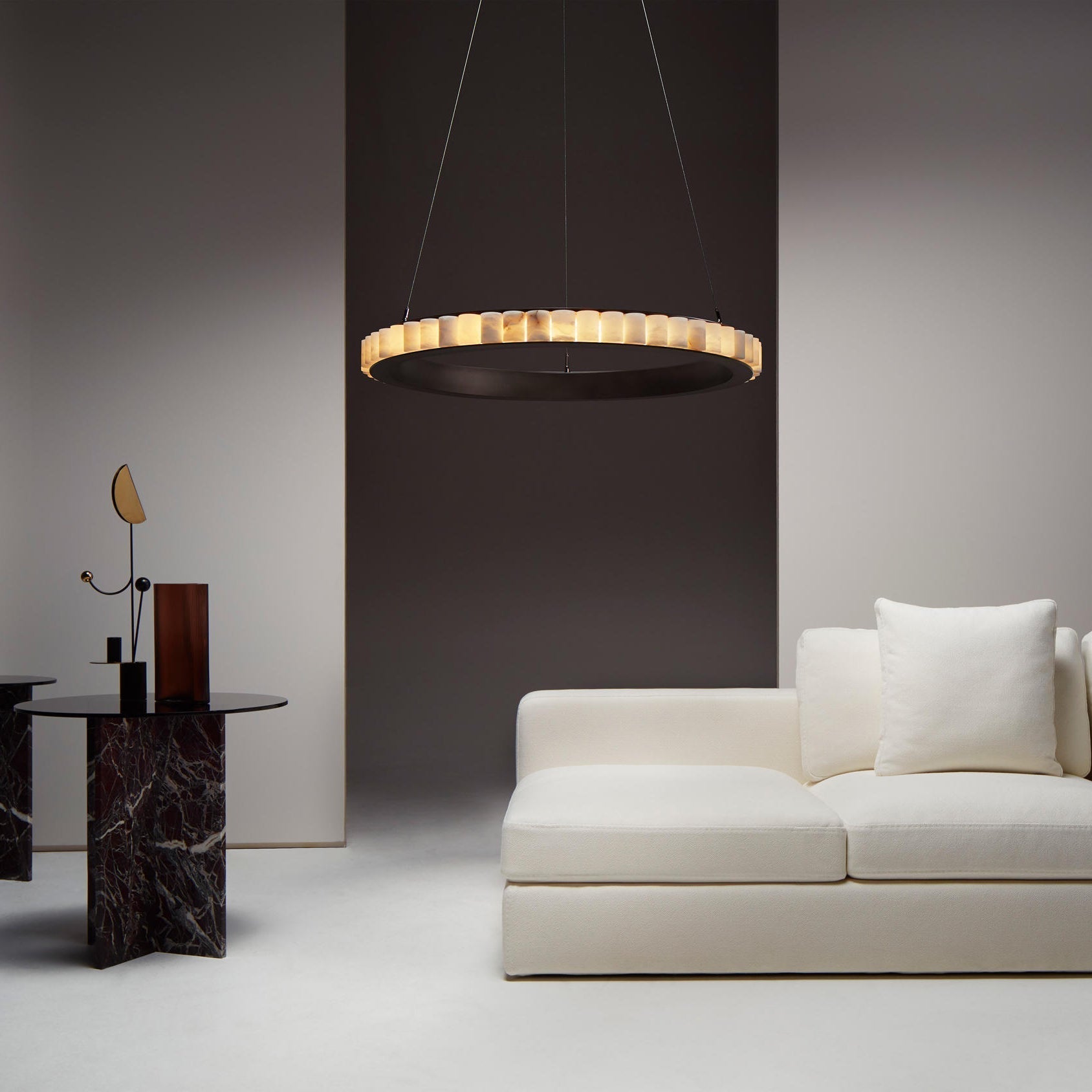 Orion Double Ring Alabaster Chandelier - Lamp Copper