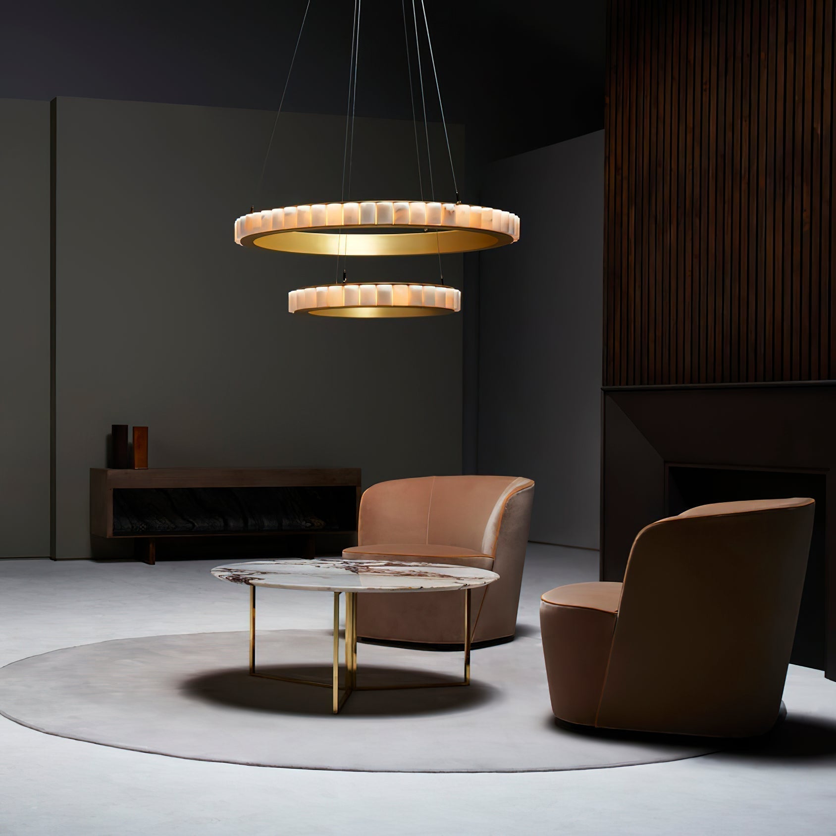 Orion Double Ring Alabaster Chandelier - Lamp Copper