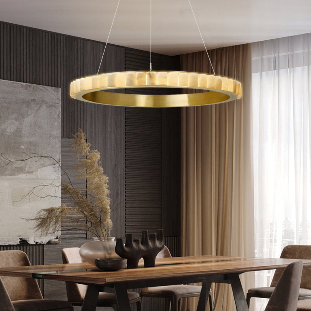 Orion Double Ring Alabaster Chandelier - Lamp Copper