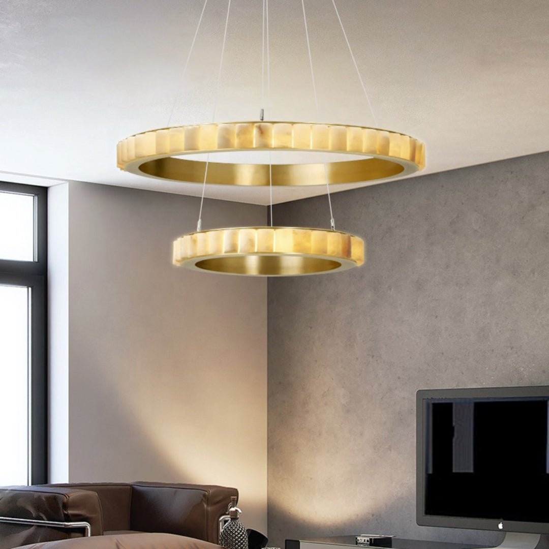 Orion Double Ring Alabaster Chandelier - Lamp Copper