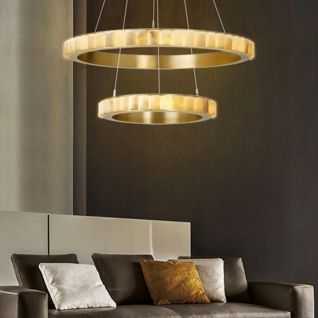 Orion Double Ring Alabaster Chandelier - Lamp Copper