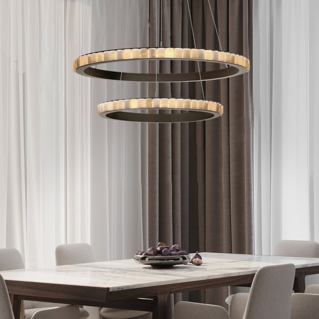 Orion Double Ring Alabaster Chandelier - Lamp Copper