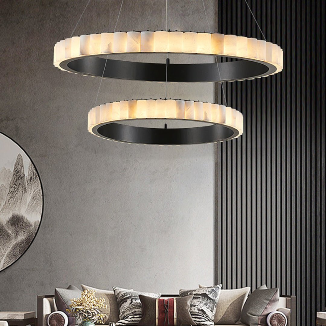 Orion Double Ring Alabaster Chandelier - Lamp Copper