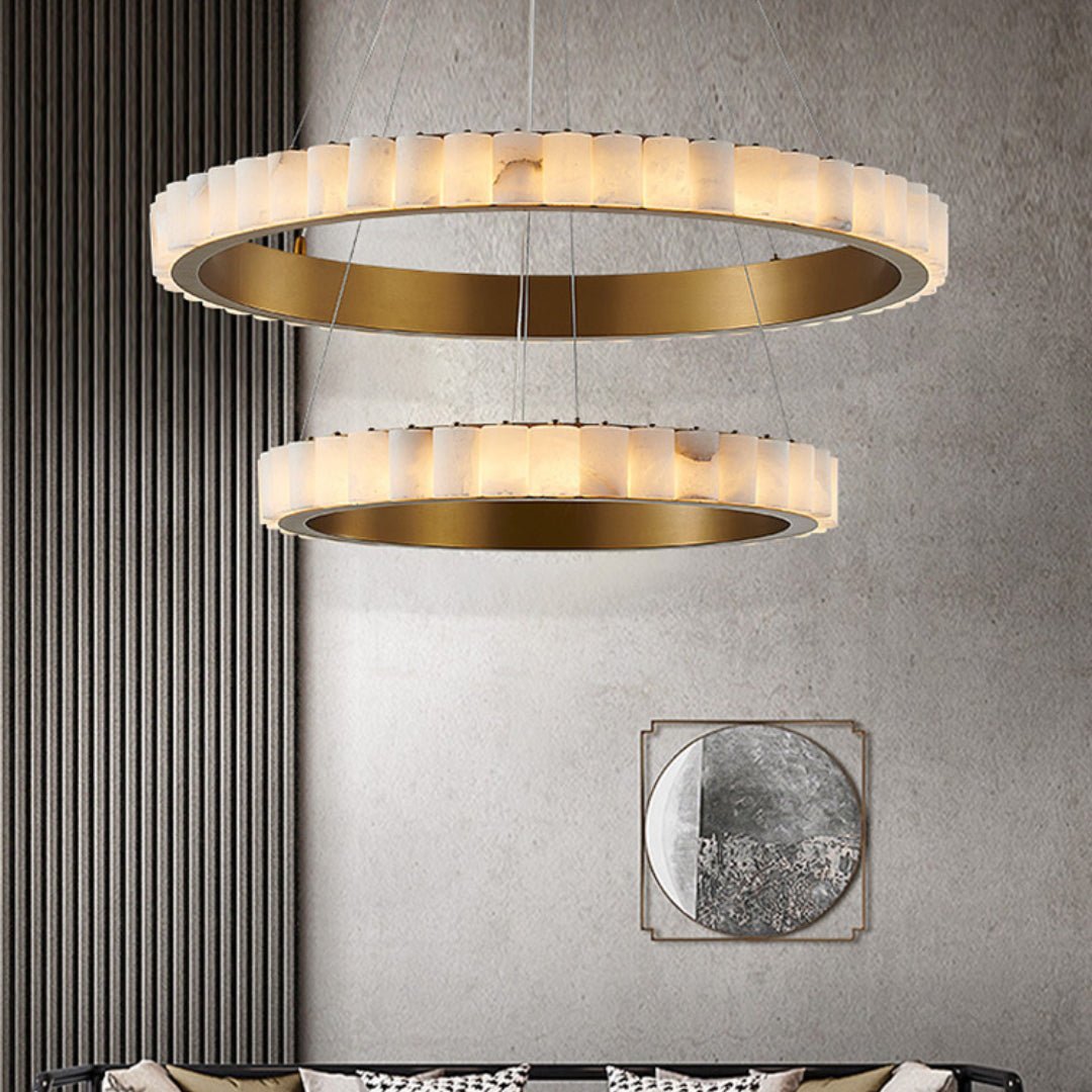 Orion Double Ring Alabaster Chandelier - Lamp Copper