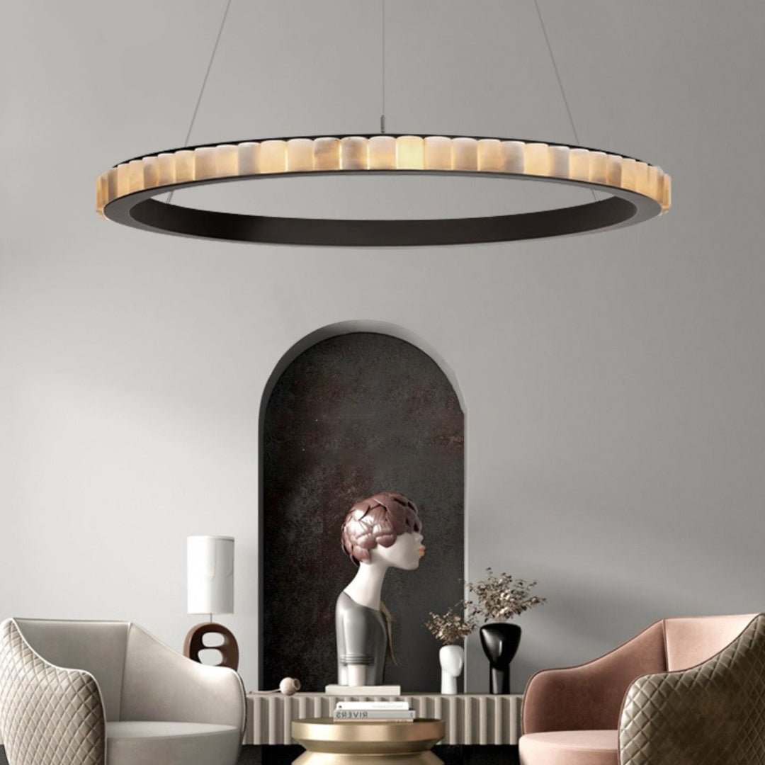 Orion Double Ring Alabaster Chandelier - Lamp Copper