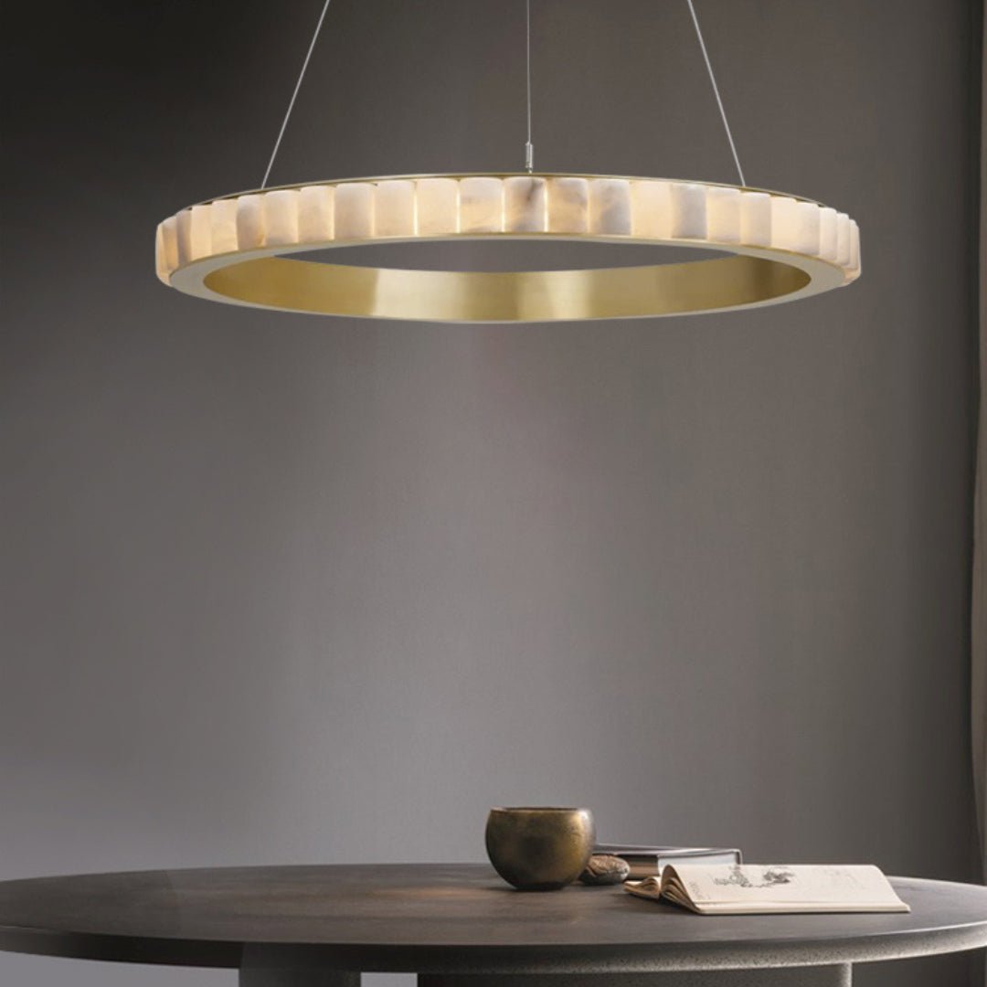 Orion Double Ring Alabaster Chandelier - Lamp Copper