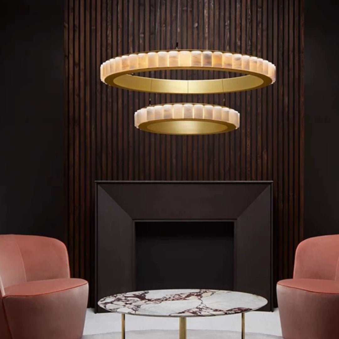 Orion Double Ring Alabaster Chandelier - Lamp Copper