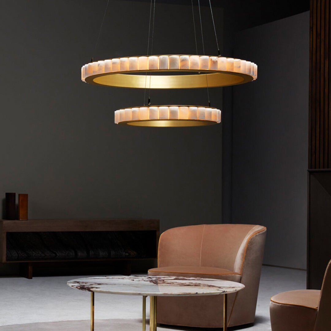 Orion Double Ring Alabaster Chandelier - Lamp Copper