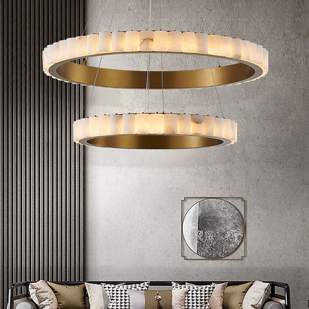 Orion Double Ring Alabaster Chandelier - Lamp Copper