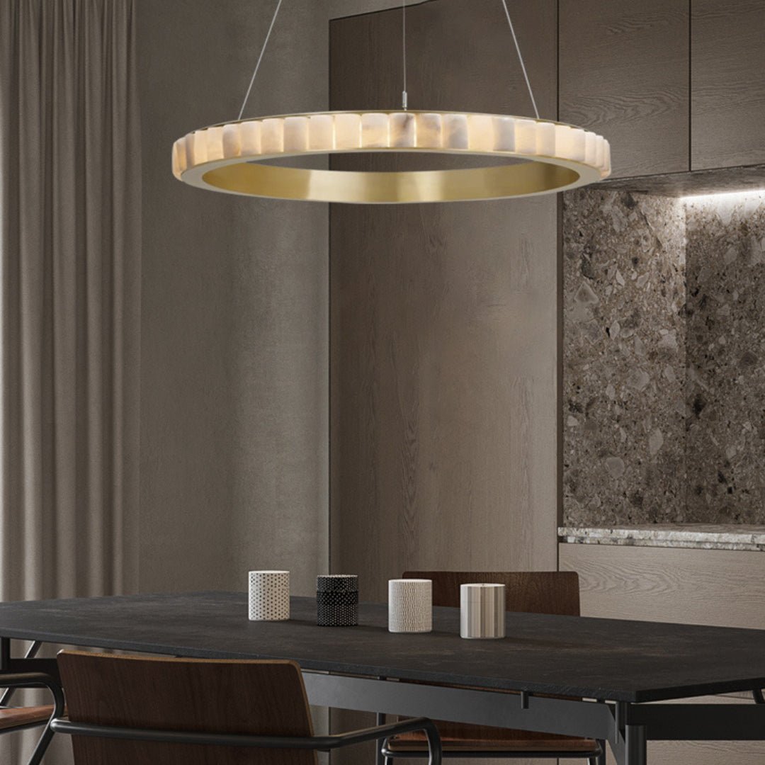Orion Double Ring Alabaster Chandelier - Lamp Copper