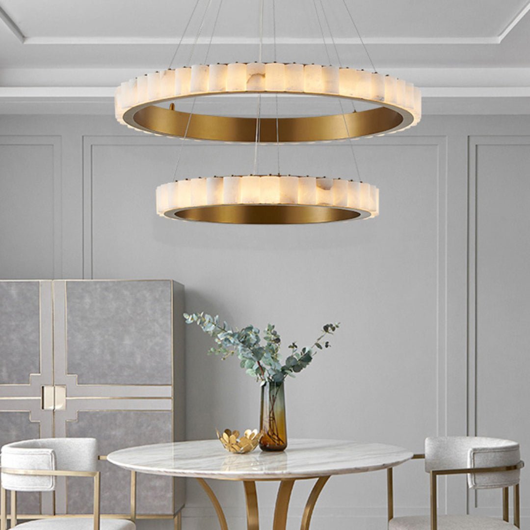 Orion Double Ring Alabaster Chandelier - Lamp Copper