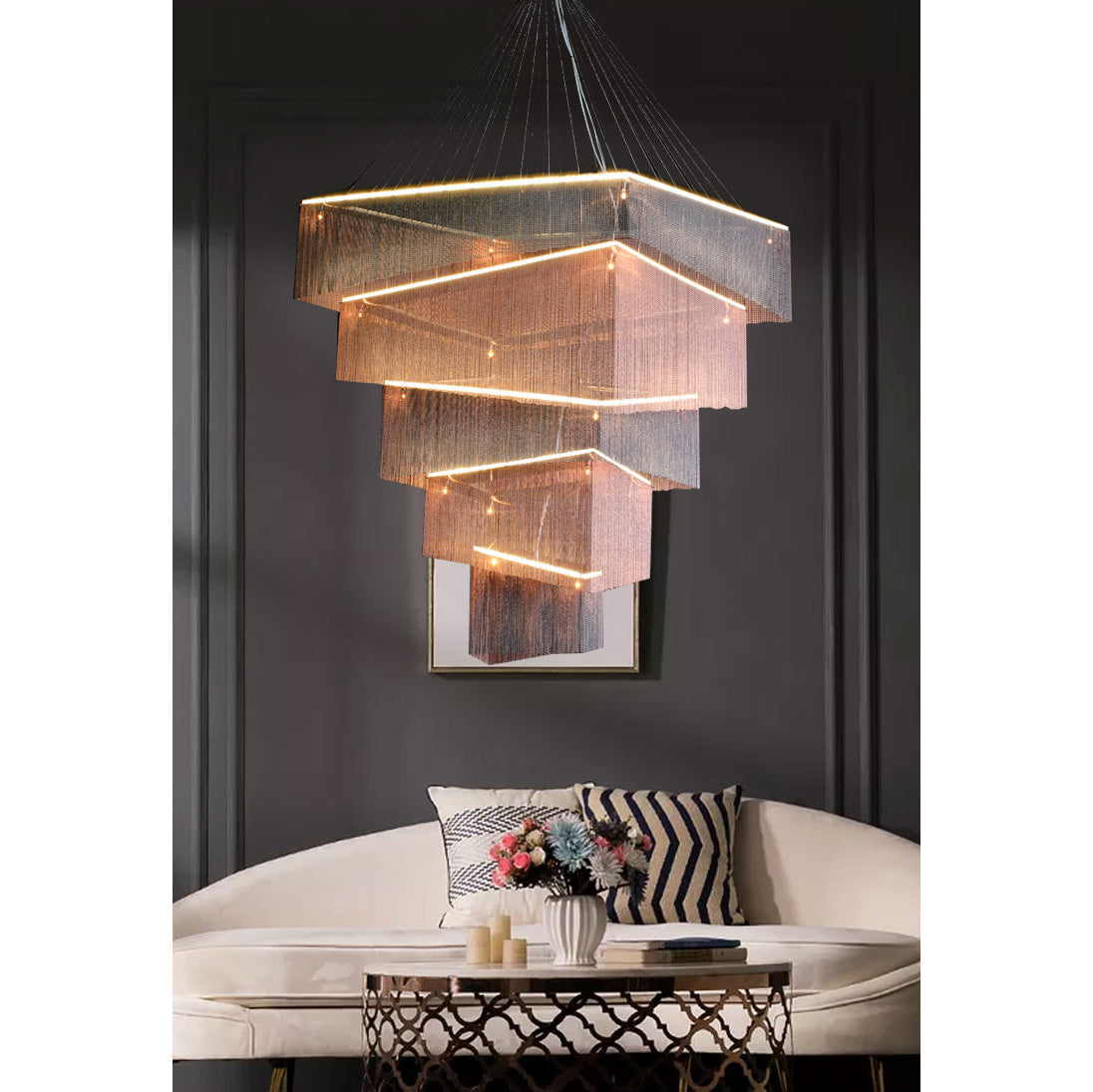 Caeluvyn Postmodern Chain Tassel Metal Chandelier - Lamp Copper