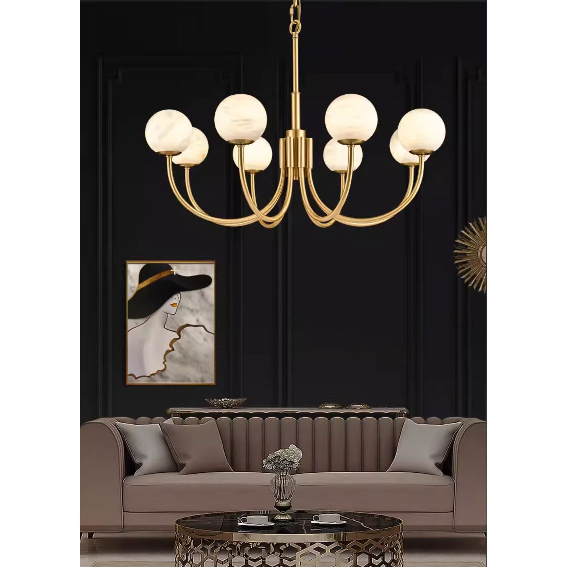 Mjolkuvys Modern Minimalist Globe Brass Alabaster Chandelier - Lamp Copper
