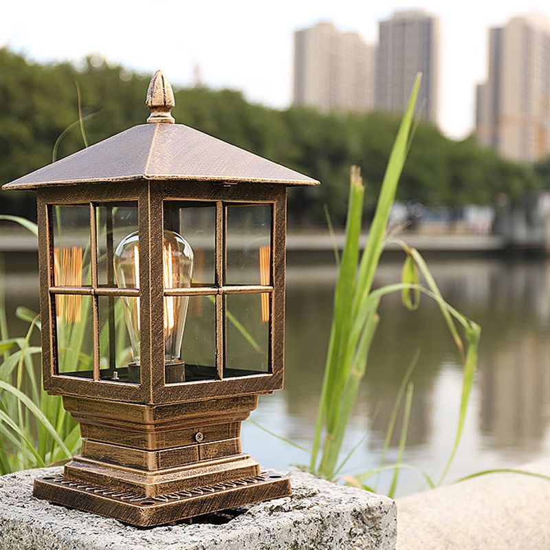 Etilo Modern Metal Glass Lantern LED Outdoor Light Post - Lamp Copper