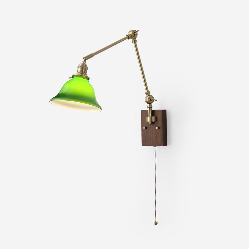 Wall Lamp Brass and Glass Shade Walnut Wood Base Adjustable Arm Vintage - Lamp Copper